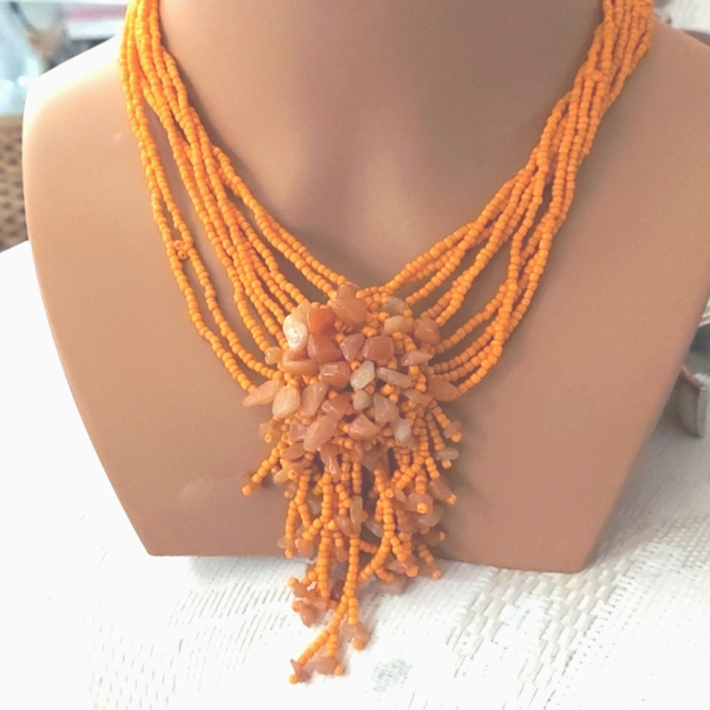 Vintage tropical orange seed multi strand beaded fringed necklace
